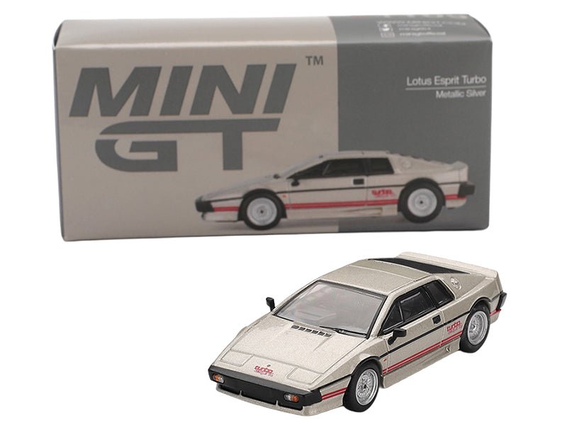 Lotus Esprit Turbo Silver Metallic with Red Stripes Limited Edition 1/64 Diecast Model Car by Mini GT-Mini GT-ModelCars.com