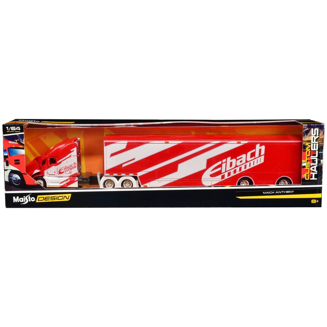 Mack Anthem Enclosed Car Transporter "Eibach" Red with White Graphics "Custom Haulers" Series 1/64 Diecast Model by Maisto-Maisto-ModelCars.com