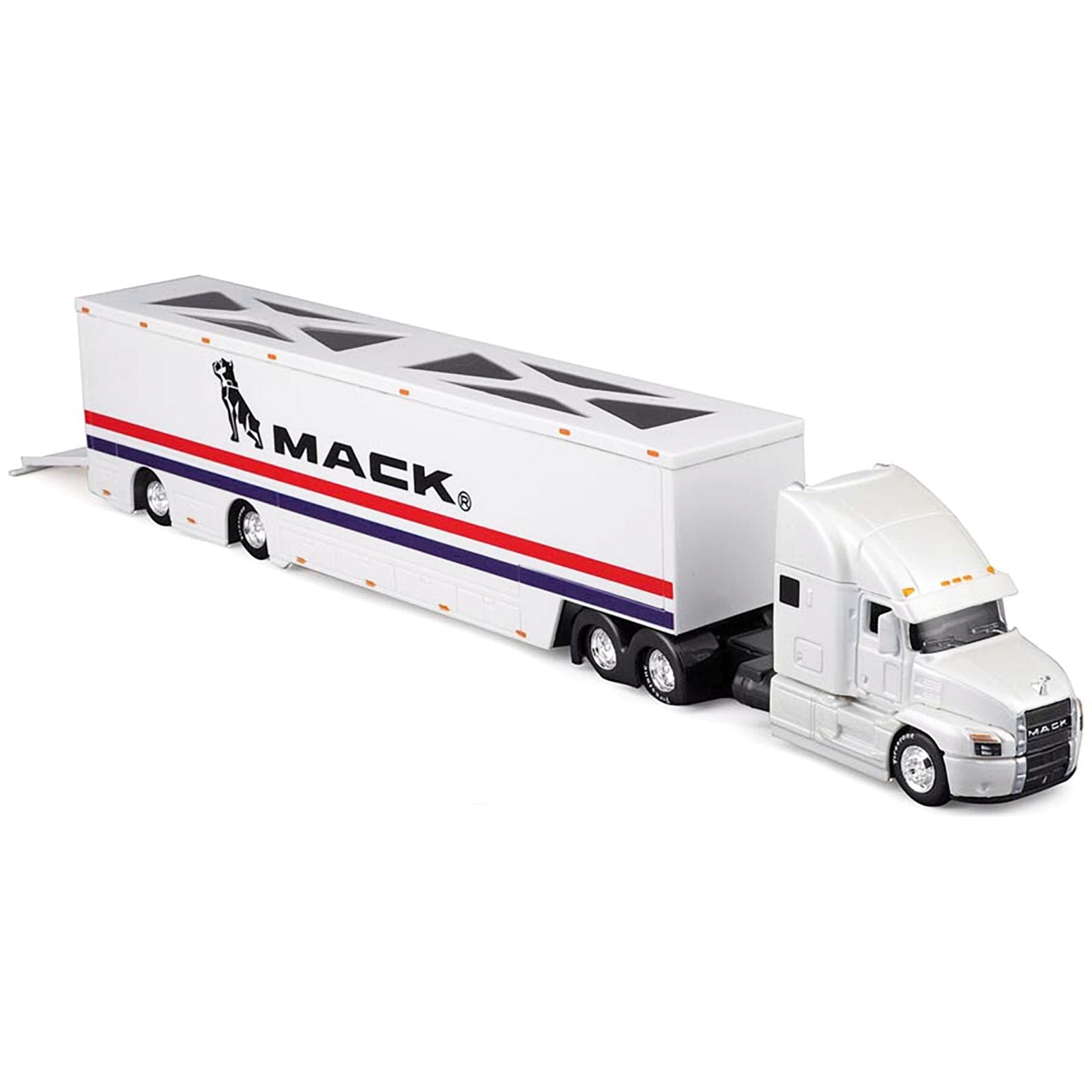 Mack Anthem Enclosed Car Transporter "Mack" White with Red and Blue Stripes "Custom Haulers" Series 1/64 Diecast Model by Maisto - Maisto - ModelCars.com