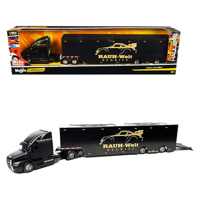 Mack Anthem Enclosed Car Transporter "RAUH - Welt BEGRIFF" (RWB) Matt Black "Custom Haulers" Series 1/64 Diecast Model by Maisto - Maisto - ModelCars.com