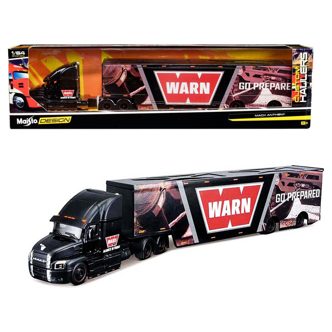 Mack Anthem Enclosed Car Transporter "WARN - Go Prepared" Black with Graphics "Custom Haulers" Series 1/64 Diecast Model by Maisto-Maisto-ModelCars.com