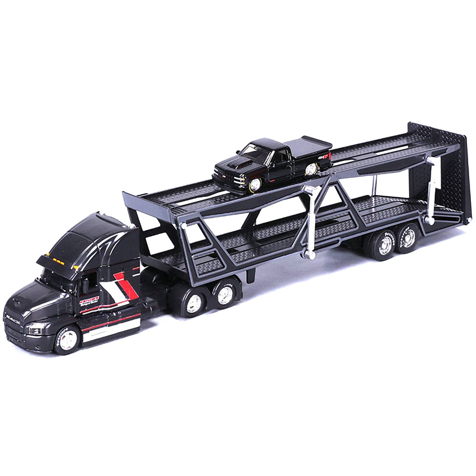 Mack Anthem Open Car Hauler Black with Red and White Stripes "Kenzie's Transport Services" and 1993 Chevrolet 454 SS Pickup Truck Black "Transporters" Series 1/64 Diecast Models by Maisto - Maisto - ModelCars.com