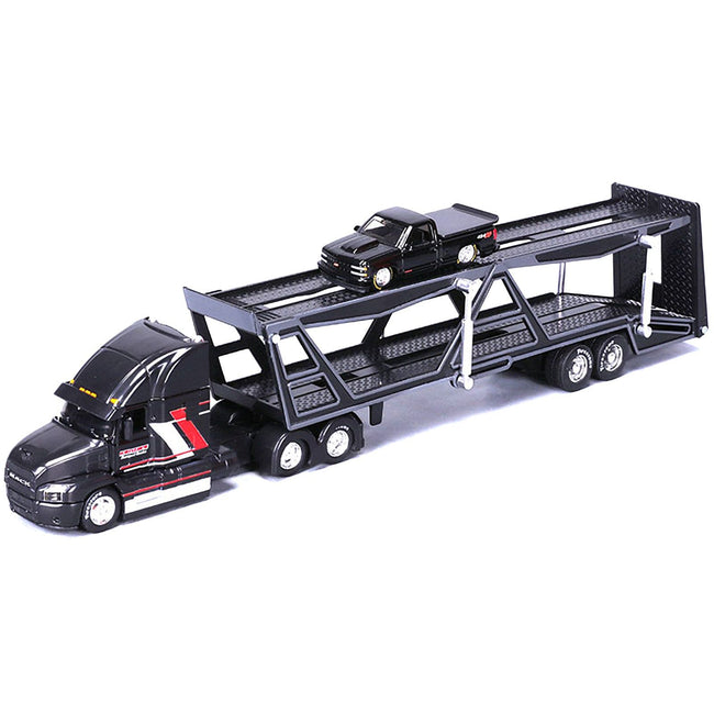 Mack Anthem Open Car Hauler Black with Red and White Stripes "Kenzie's Transport Services" and 1993 Chevrolet 454 SS Pickup Truck Black "Transporters" Series 1/64 Diecast Models by Maisto - Maisto - ModelCars.com