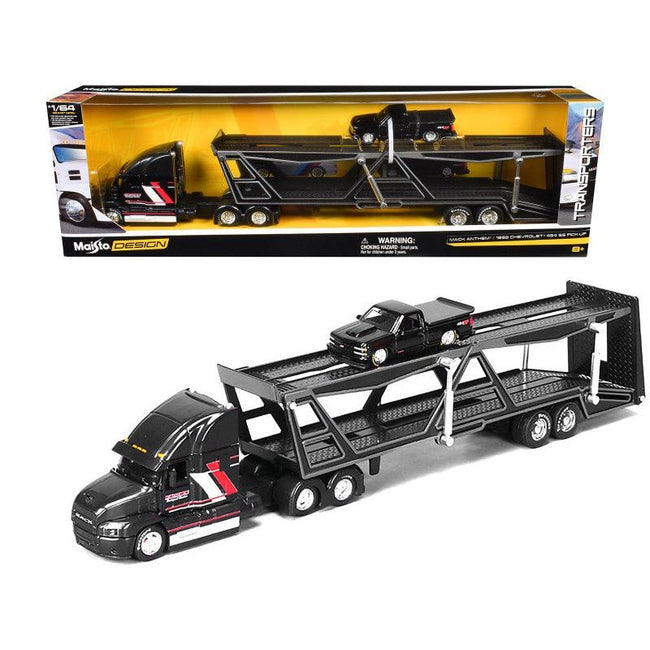 Mack Anthem Open Car Hauler Black with Red and White Stripes "Kenzie's Transport Services" and 1993 Chevrolet 454 SS Pickup Truck Black "Transporters" Series 1/64 Diecast Models by Maisto-Maisto-ModelCars.com