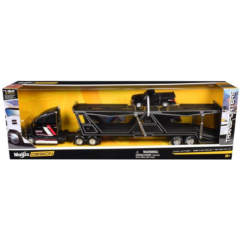 Mack Anthem Open Car Hauler Black with Red and White Stripes "Kenzie's Transport Services" and 1993 Chevrolet 454 SS Pickup Truck Black "Transporters" Series 1/64 Diecast Models by Maisto - Maisto - ModelCars.com
