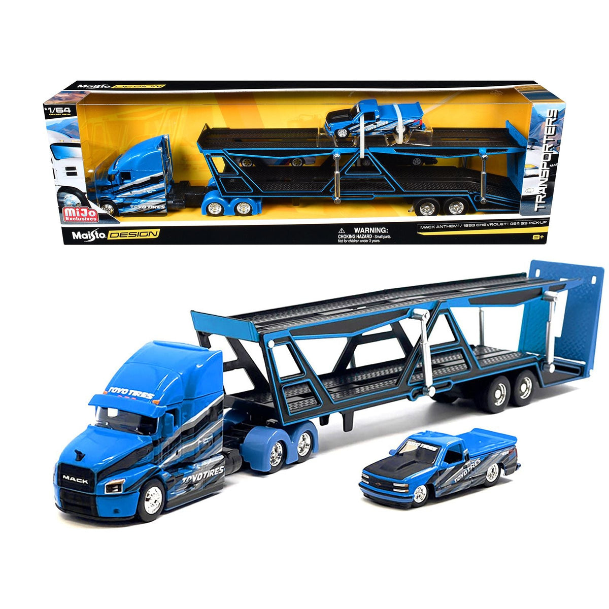 Mack Anthem Open Car Hauler Blue with Graphics and 1993 Chevrolet 454 SS Pickup Truck Blue with Graphics "Toyo Tires" "Transporters" Series 1/64 Diecast Models by Maisto-Maisto-ModelCars.com