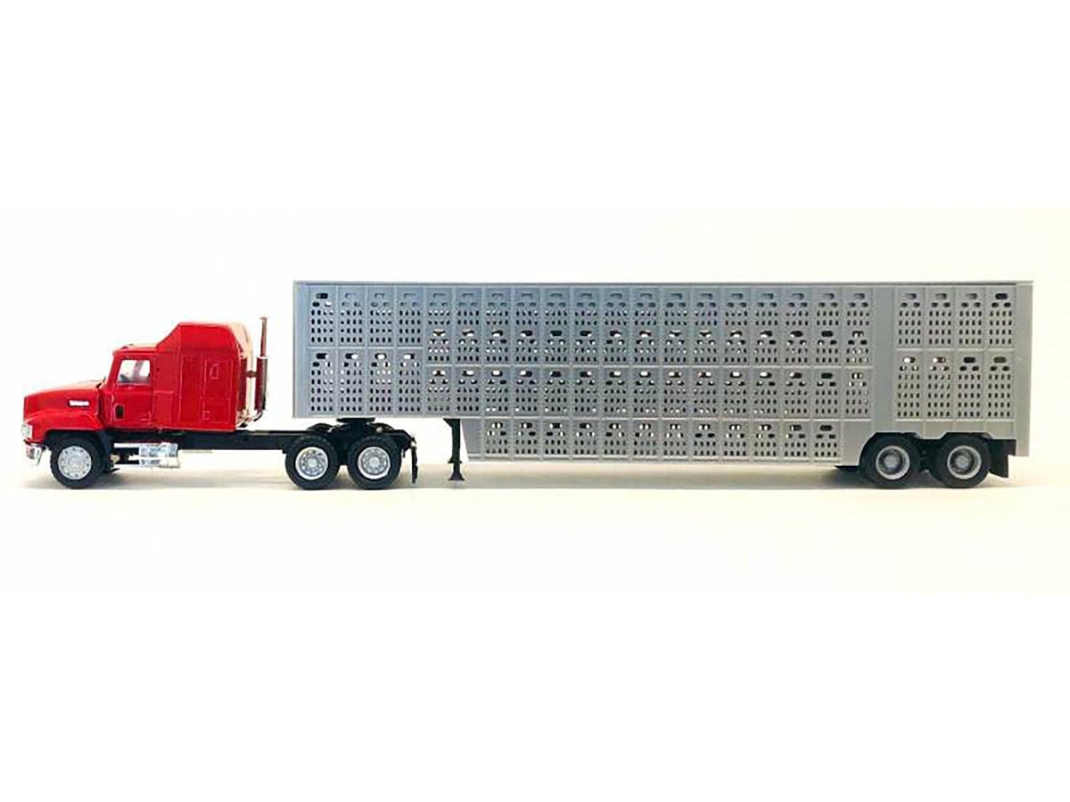 Mack CH 613 with Sleeper Cab Red with Silver Livestock Trailer 1/87 (HO) Plastic Model Car by Promotex-Promotex-ModelCars.com