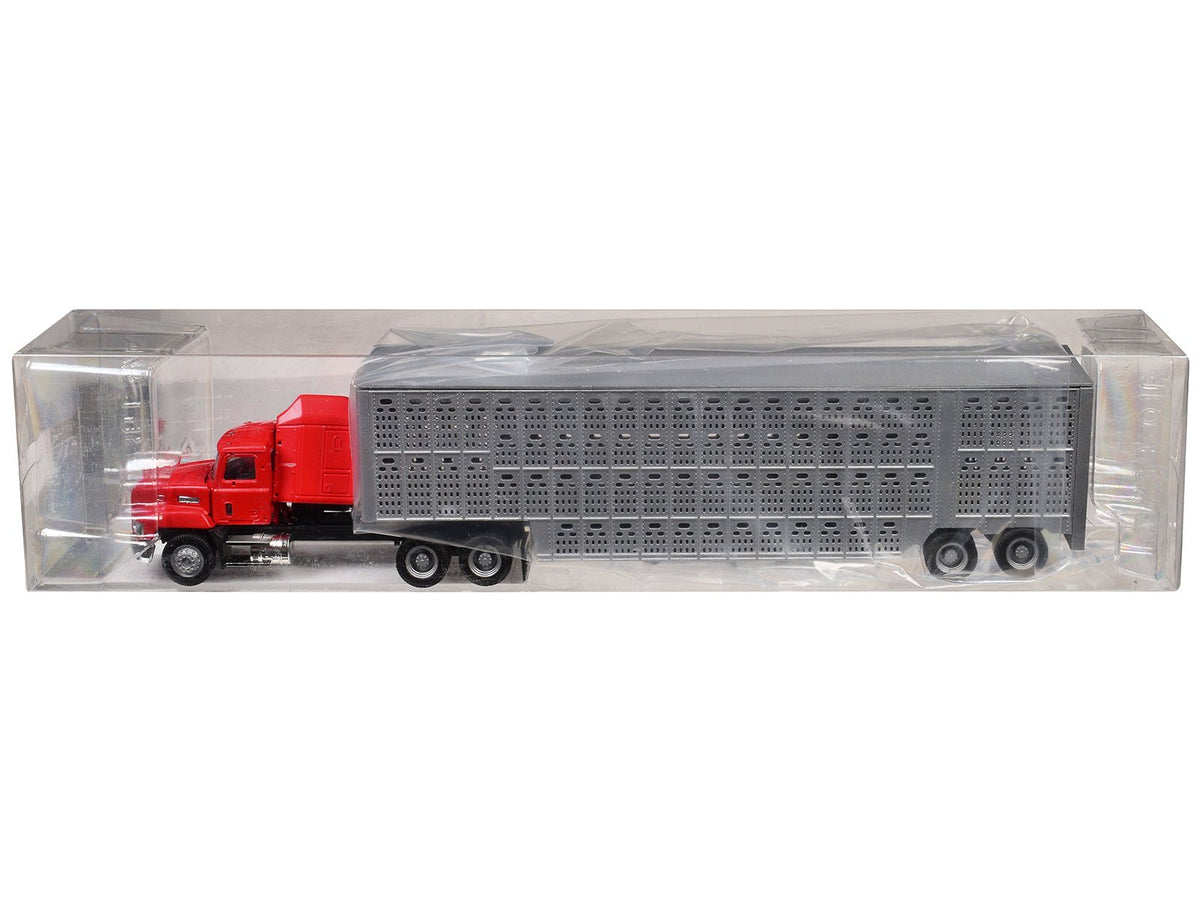 Mack CH 613 with Sleeper Cab Red with Silver Livestock Trailer 1/87 (HO) Plastic Model Car by Promotex-Promotex-ModelCars.com