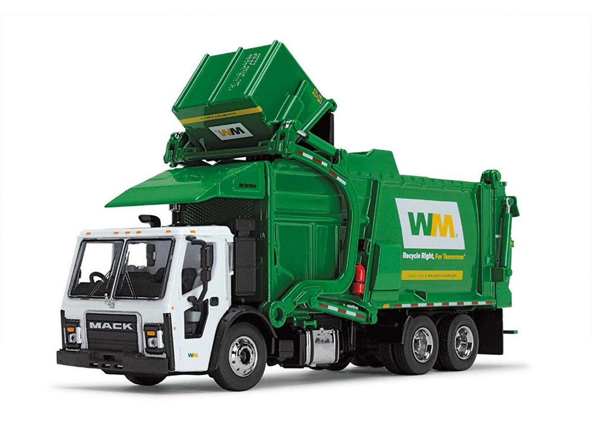 Mack LR Garbage Truck with McNeilus Meridian Front Load Refuse Body White and Green with Refuse Bin "Waste Management" 1/64 Diecast Model by First Gear-First Gear-ModelCars.com