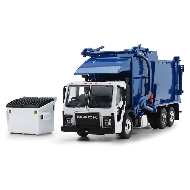 Mack LR Refuse Garbage Truck with McNeilus Meridian Front Loader White and Blue with Trash Bin 1/64 Diecast Model by DCP/First Gear - First Gear - ModelCars.com