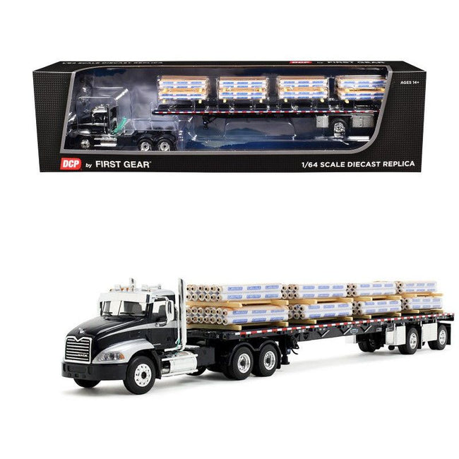 Mack Pinnacle Day Cab with Minimizer Parts & 53' Wilson Roadbrute Flatbed Trailer with "Carlisle Roofing" Loaded Pallets Black with Silver Top and Stripes 1/64 Diecast Model by DCP/First Gear - First Gear - ModelCars.com