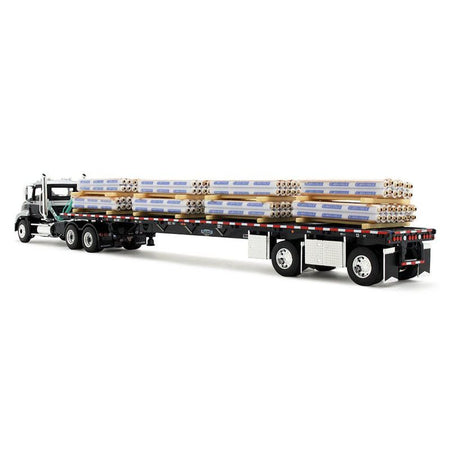 Mack Pinnacle Day Cab with Minimizer Parts & 53' Wilson Roadbrute Flatbed Trailer with "Carlisle Roofing" Loaded Pallets Black with Silver Top and Stripes 1/64 Diecast Model by DCP/First Gear - First Gear - ModelCars.com
