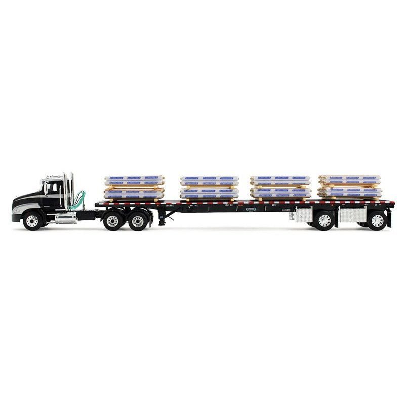 Mack Pinnacle Day Cab with Minimizer Parts & 53' Wilson Roadbrute Flatbed Trailer with "Carlisle Roofing" Loaded Pallets Black with Silver Top and Stripes 1/64 Diecast Model by DCP/First Gear-First Gear-ModelCars.com