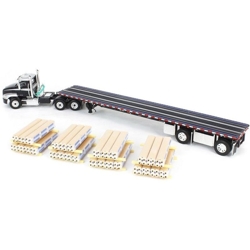 Mack Pinnacle Day Cab with Minimizer Parts & 53' Wilson Roadbrute Flatbed Trailer with "Carlisle Roofing" Loaded Pallets Black with Silver Top and Stripes 1/64 Diecast Model by DCP/First Gear-First Gear-ModelCars.com