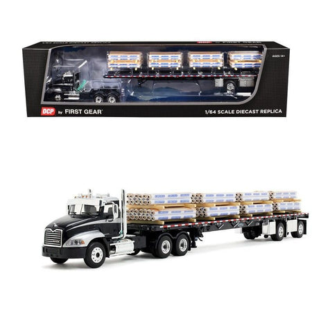 Mack Pinnacle Day Cab with Minimizer Parts & 53' Wilson Roadbrute Flatbed Trailer with "Carlisle Roofing" Loaded Pallets Black with Silver Top and Stripes 1/64 Diecast Model by DCP/First Gear-First Gear-ModelCars.com