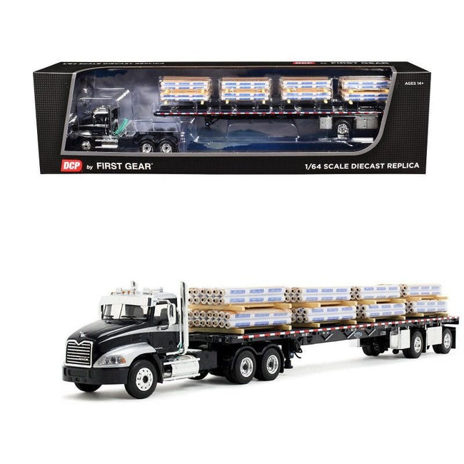Mack Pinnacle Day Cab with Minimizer Parts & 53' Wilson Roadbrute Flatbed Trailer with "Carlisle Roofing" Loaded Pallets Black with Silver Top and Stripes 1/64 Diecast Model by DCP/First Gear-First Gear-ModelCars.com