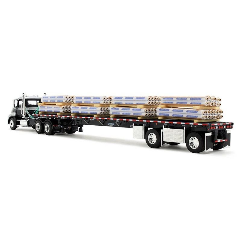 Mack Pinnacle Day Cab with Minimizer Parts & 53' Wilson Roadbrute Flatbed Trailer with "Carlisle Roofing" Loaded Pallets Black with Silver Top and Stripes 1/64 Diecast Model by DCP/First Gear-First Gear-ModelCars.com
