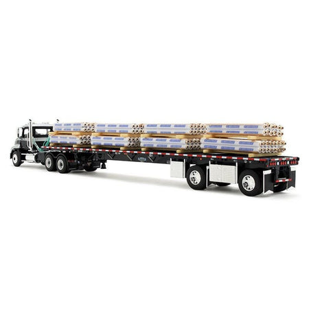 Mack Pinnacle Day Cab with Minimizer Parts & 53' Wilson Roadbrute Flatbed Trailer with "Carlisle Roofing" Loaded Pallets Black with Silver Top and Stripes 1/64 Diecast Model by DCP/First Gear-First Gear-ModelCars.com
