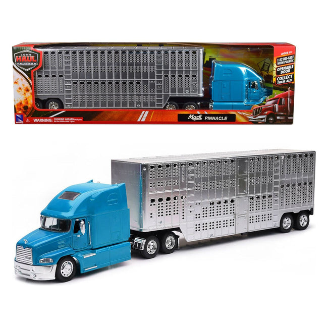 Mack Pinnacle Truck with Pot Belly Livestock Trailer Blue and Chrome "Long Haul Truckers" Series 1/32 Diecast Model by New Ray - New Ray - ModelCars.com