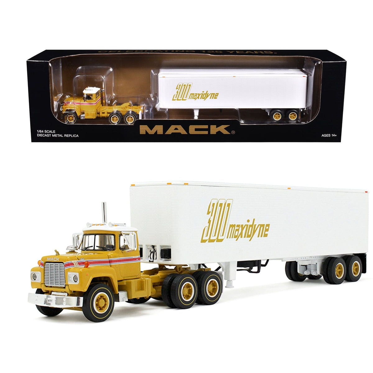 Mack R-Model Day Cab and 40' Vintage Trailer Yellow with Red Stripes and White Top "Mack Anniversary" 1/64 Diecast Model by DCP/First Gear-First Gear-ModelCars.com