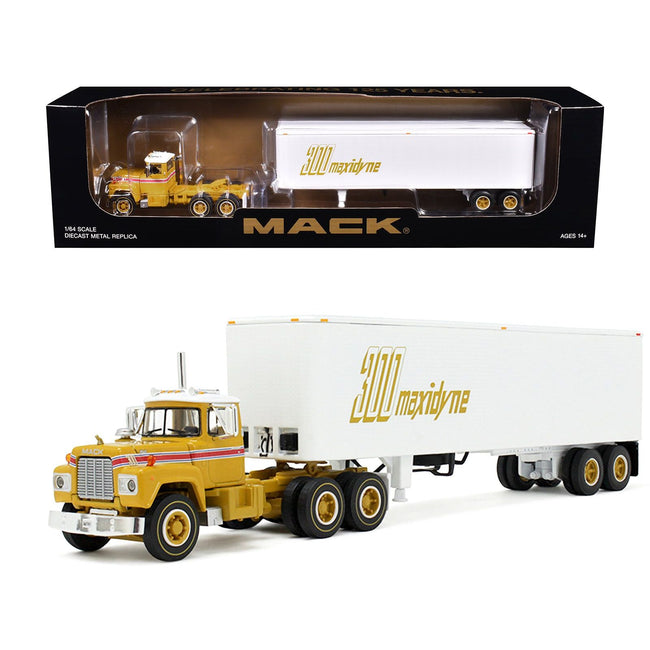Mack R - Model Day Cab and 40' Vintage Trailer Yellow with Red Stripes and White Top "Mack Anniversary" 1/64 Diecast Model by DCP/First Gear - First Gear - ModelCars.com