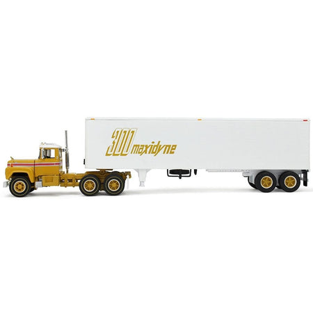 Mack R-Model Day Cab and 40' Vintage Trailer Yellow with Red Stripes and White Top "Mack Anniversary" 1/64 Diecast Model by DCP/First Gear-First Gear-ModelCars.com