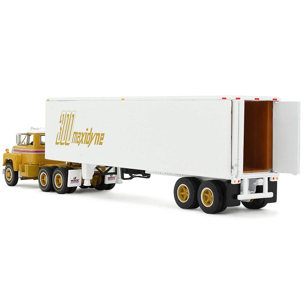 Mack R-Model Day Cab and 40' Vintage Trailer Yellow with Red Stripes and White Top "Mack Anniversary" 1/64 Diecast Model by DCP/First Gear-First Gear-ModelCars.com
