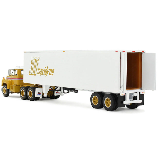 Mack R-Model Day Cab and 40' Vintage Trailer Yellow with Red Stripes and White Top "Mack Anniversary" 1/64 Diecast Model by DCP/First Gear-First Gear-ModelCars.com