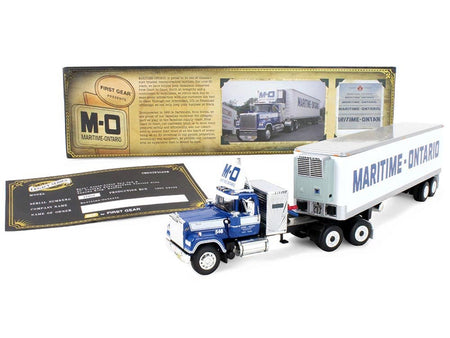 Mack Super-Liner with 36" Vintage Sleeper and 40' Vintage Trailer with Reefer "Maritime-Ontario" Blue with White Stripes "Legacy" Series 4 1/64 Diecast Model by DCP/First Gear-First Gear-ModelCars.com