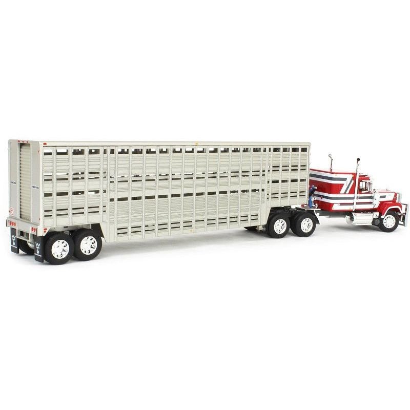 Mack Super-Liner with 60" Flat Top Sleeper and 45' Wilson Vintage Livestock Trailer Red with White and Gray Stripes 1/64 Diecast Model by DCP/First Gear-First Gear-ModelCars.com