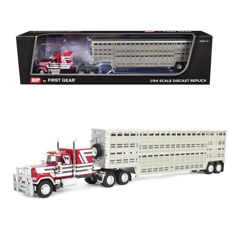 Mack Super-Liner with 60" Flat Top Sleeper and 45' Wilson Vintage Livestock Trailer Red with White and Gray Stripes 1/64 Diecast Model by DCP/First Gear-First Gear-ModelCars.com