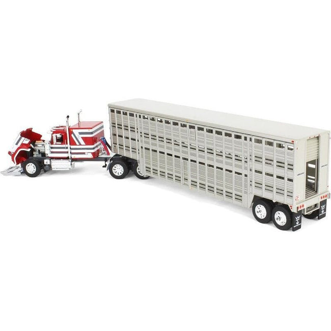 Mack Super-Liner with 60" Flat Top Sleeper and 45' Wilson Vintage Livestock Trailer Red with White and Gray Stripes 1/64 Diecast Model by DCP/First Gear-First Gear-ModelCars.com