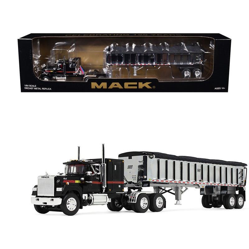 Mack Super - Liner with 60" Flat Top Sleeper and East End Dump Trailer Black 1/64 Diecast Model by DCP/First Gear - First Gear - ModelCars.com