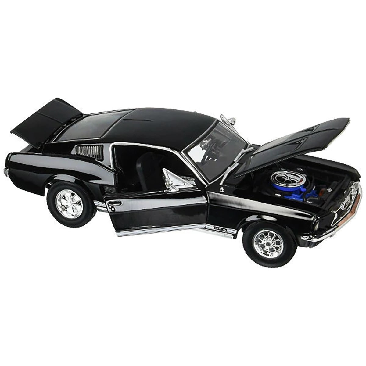 Black Mustang toy car with hood open
