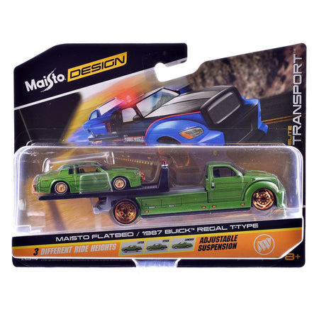 Maisto Flatbed Truck Green Metallic with Graphics and 1987 Buick Regal T-Type Green Metallic with Graphics "Lowriders" "Elite Transport" Series 1/64 Diecast Models by Maisto-Maisto-ModelCars.com