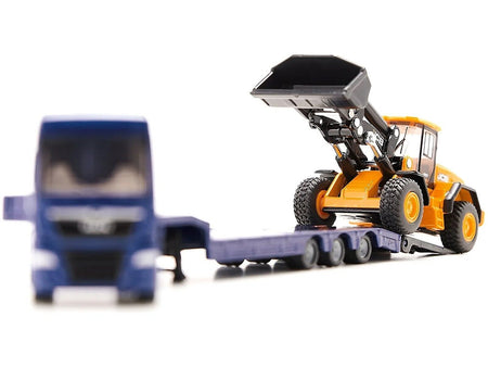 MAN Truck Blue Metallic with Low Loader Trailer and JCB 457 Wheel Loader Yellow 1/87 (HO) Diecast Model by Siku-SIKU-ModelCars.com