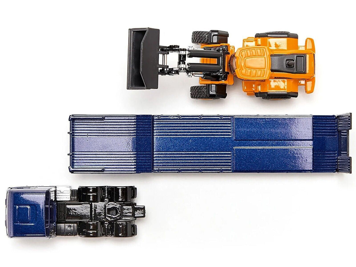 MAN Truck Blue Metallic with Low Loader Trailer and JCB 457 Wheel Loader Yellow 1/87 (HO) Diecast Model by Siku-SIKU-ModelCars.com