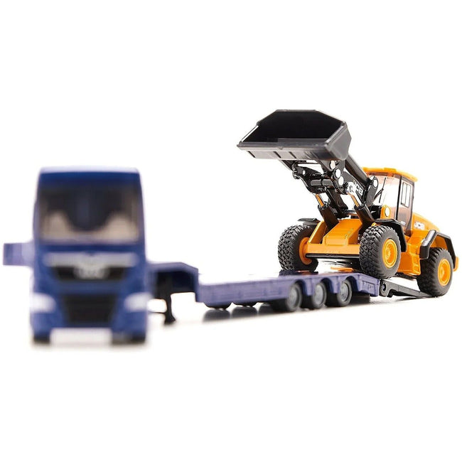 MAN Truck Blue Metallic with Low Loader Trailer and JCB 457 Wheel Loader Yellow 1/87 (HO) Diecast Model by Siku-SIKU-ModelCars.com