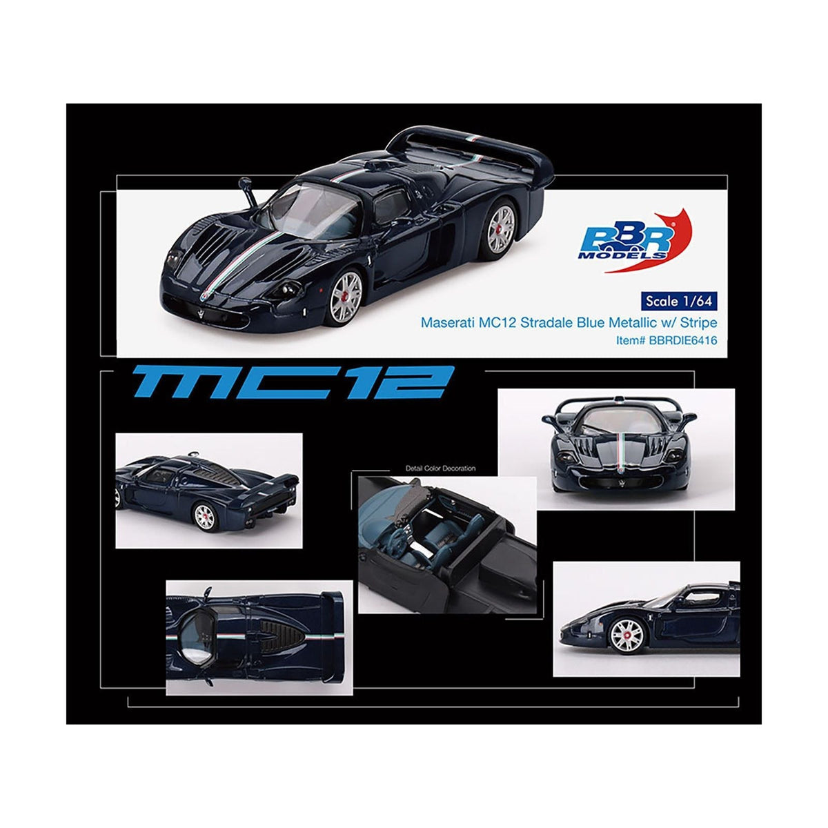 Maserati MC12 Stradale Blue Metallic with White Stripe 1/64 Diecast Model Car by BBR-BBR-ModelCars.com