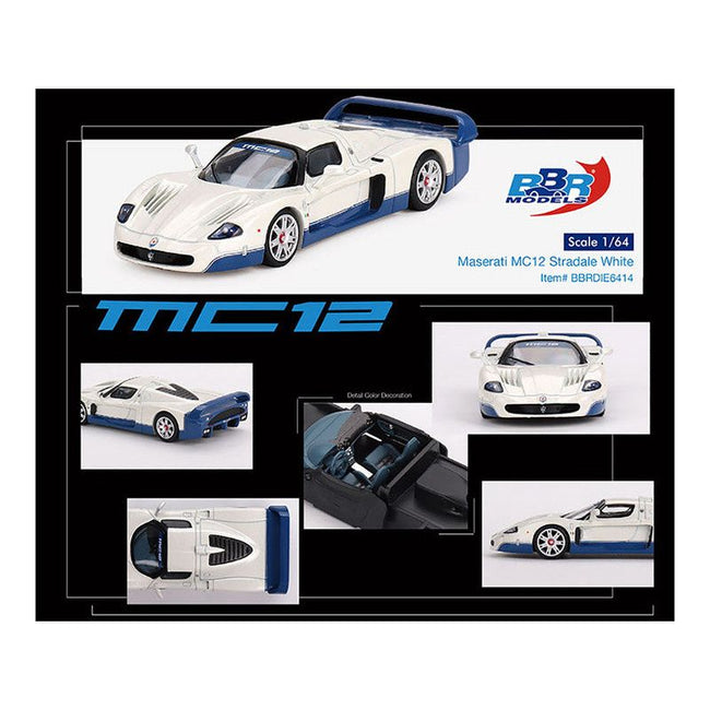 Maserati MC12 Stradale White with Blue Stripes 1/64 Diecast Model Car by BBR-BBR-ModelCars.com