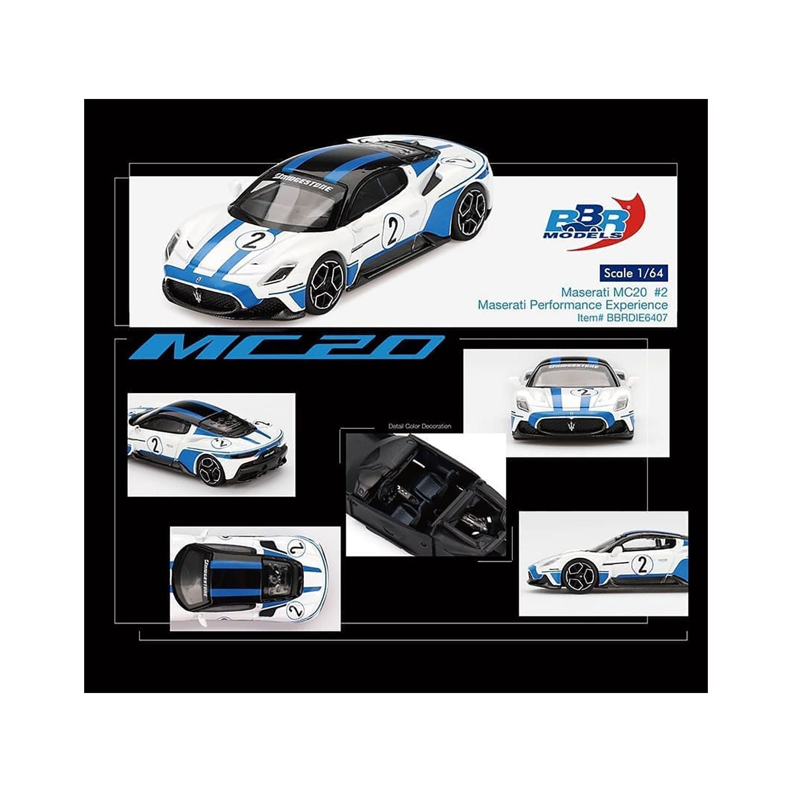 Maserati MC20 2 White with Blue Stripes and Black Top "Maserati Performance Experience" 1/64 Diecast Model Car by BBR - BBR - ModelCars.com
