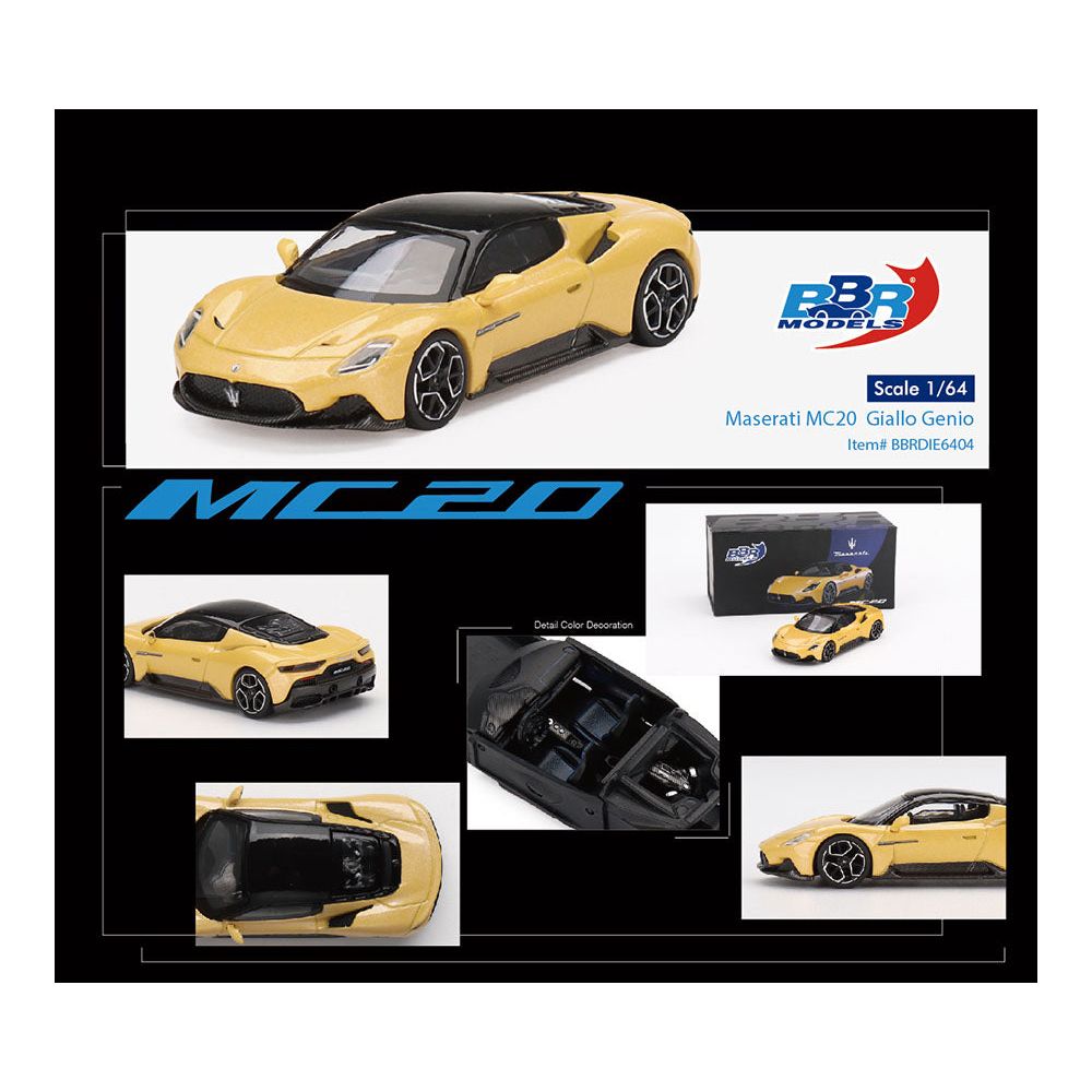 Maserati MC20 Giallo Genio Yellow with Black Top 1/64 Diecast Model Car by BBR - BBR - ModelCars.com