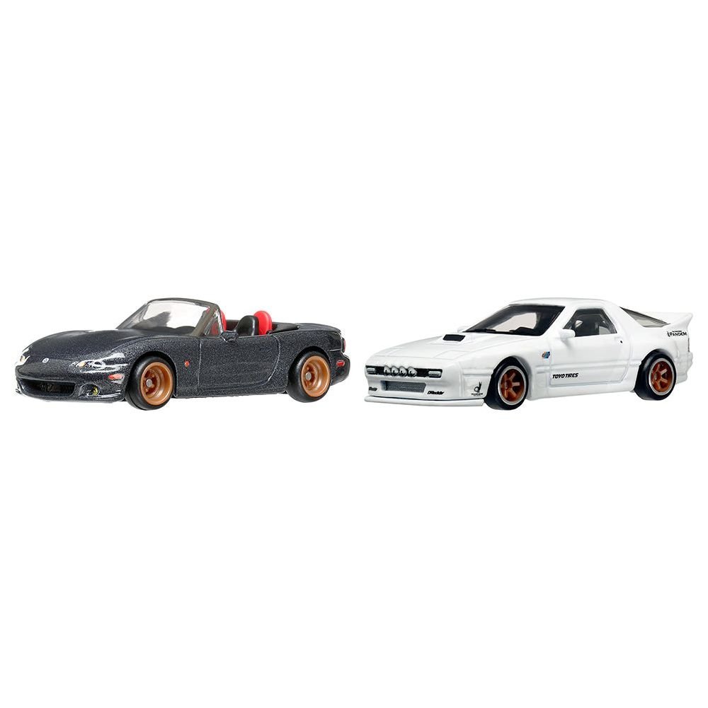 Mazda Mazdaspeed Miata Gray Metallic and Mazda RX7 FC Pandem White "Car Culture" Set of 2 Cars Diecast Model Cars by Hot Wheels-Hotwheels-ModelCars.com