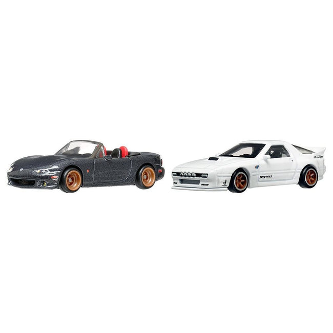 Mazda Mazdaspeed Miata Gray Metallic and Mazda RX7 FC Pandem White "Car Culture" Set of 2 Cars Diecast Model Cars by Hot Wheels-Hotwheels-ModelCars.com