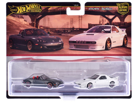 Mazda Mazdaspeed Miata Gray Metallic and Mazda RX7 FC Pandem White "Car Culture" Set of 2 Cars Diecast Model Cars by Hot Wheels-Hotwheels-ModelCars.com