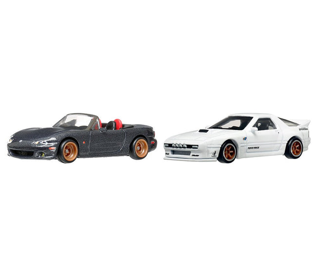 Mazda Mazdaspeed Miata Gray Metallic and Mazda RX7 FC Pandem White "Car Culture" Set of 2 Cars Diecast Model Cars by Hot Wheels-Hotwheels-ModelCars.com