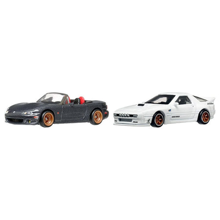 Mazda Mazdaspeed Miata Gray Metallic and Mazda RX7 FC Pandem White "Car Culture" Set of 2 Cars Diecast Model Cars by Hot Wheels - Hotwheels - ModelCars.com