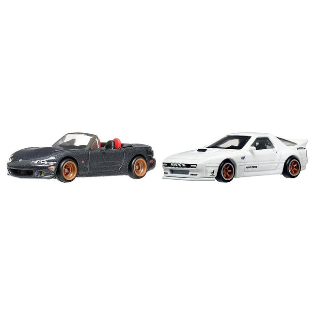 Mazda Mazdaspeed Miata Gray Metallic and Mazda RX7 FC Pandem White "Car Culture" Set of 2 Cars Diecast Model Cars by Hot Wheels - Hotwheels - ModelCars.com