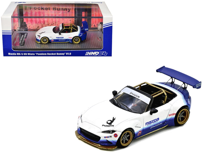 Mazda MX-5 ND Miata "Pandem Rocket Bunny" V1.0 White and Blue 1/64 Diecast Model Car by Inno Models-Inno Models-ModelCars.com