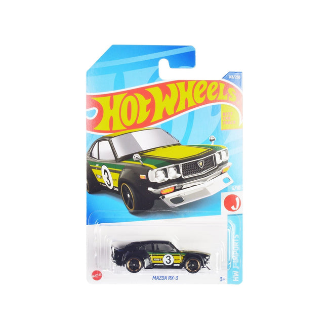 Mazda RX-3 3 Black and Yellow with Green Stripes "HW J-Imports" Series Diecast Model Car by Hot Wheels-Hotwheels-ModelCars.com